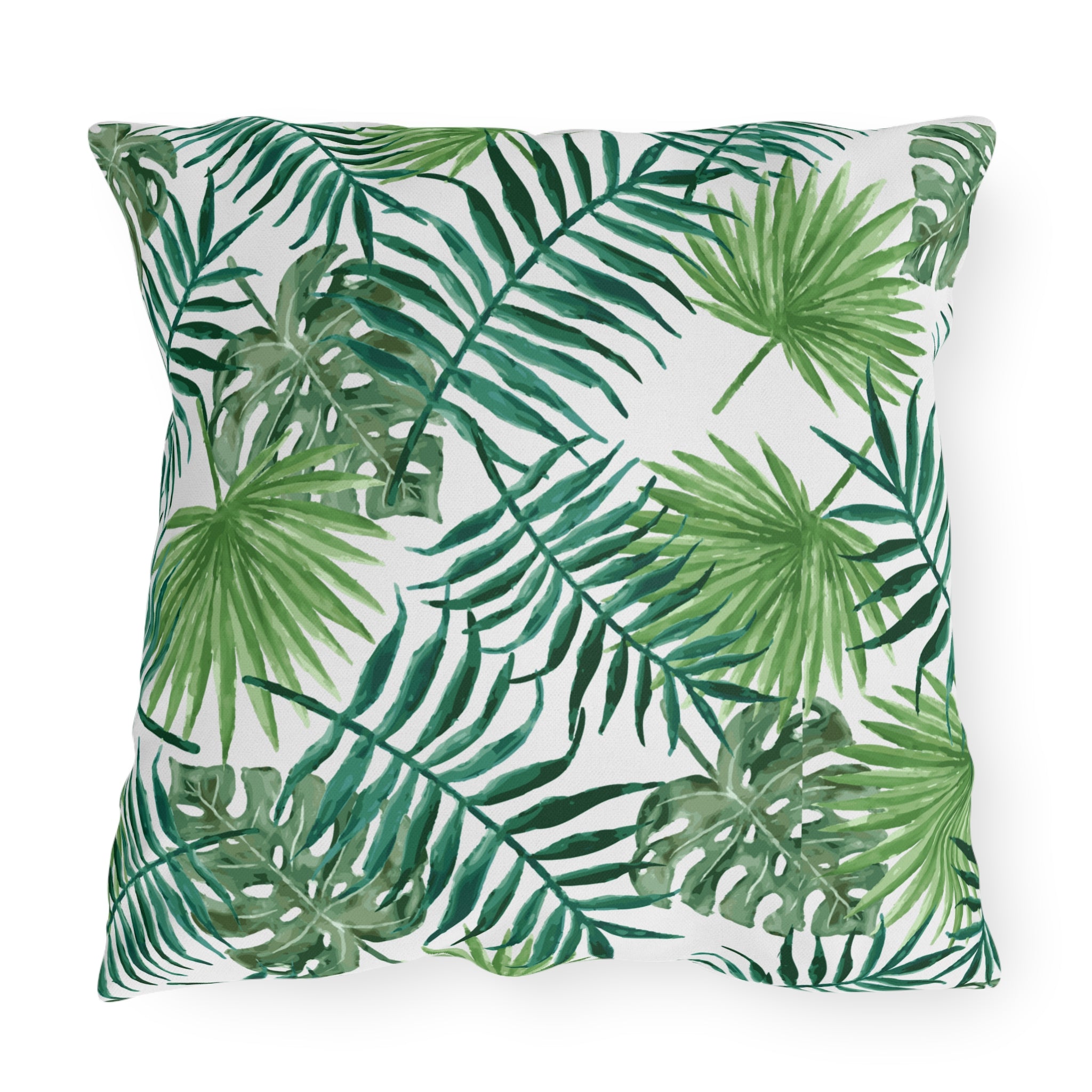 Tropical Palm Print Outdoor Pillow – Green Leaf & Striped Patio Cushion