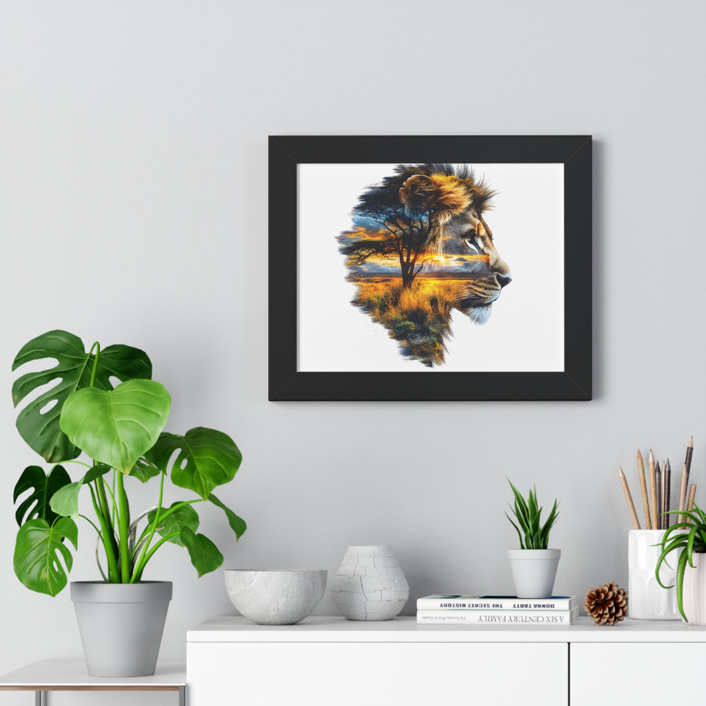 African Lion Double Exposure Framed Poster — Wildlife Art Print