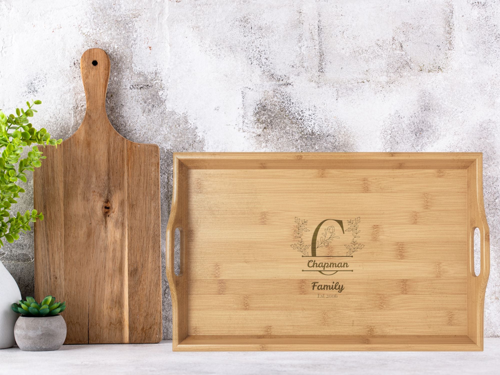 Personalized Engraved Bamboo Serving Tray -  Family Monogram