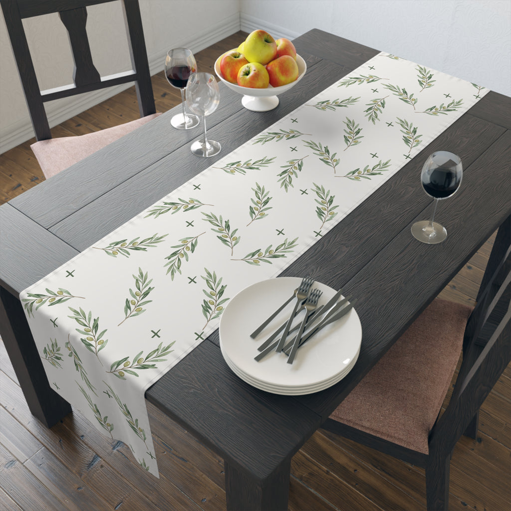 Olive Branch Cotton-Poly Table Runner — Rustic Mediterranean Dining Decor