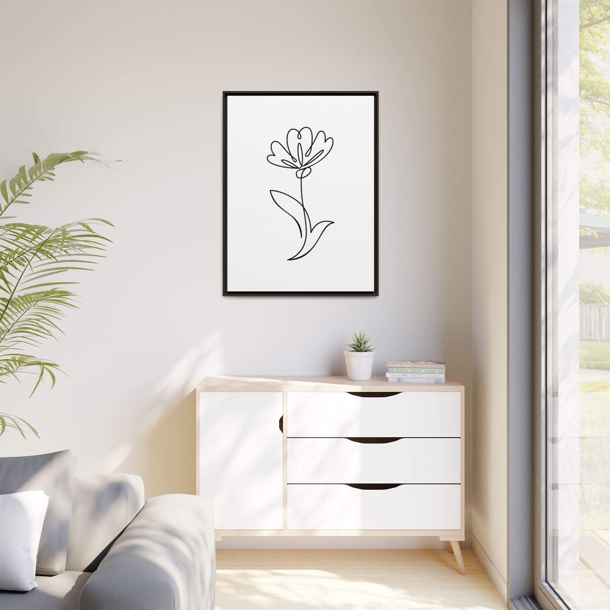 Minimal Floral Line Art Framed Canvas — Matte Multi-Color