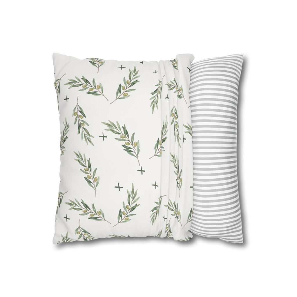 Botanical Olive Branch Square Pillowcase — Neutral Green Leaf Throw Pillow Cover