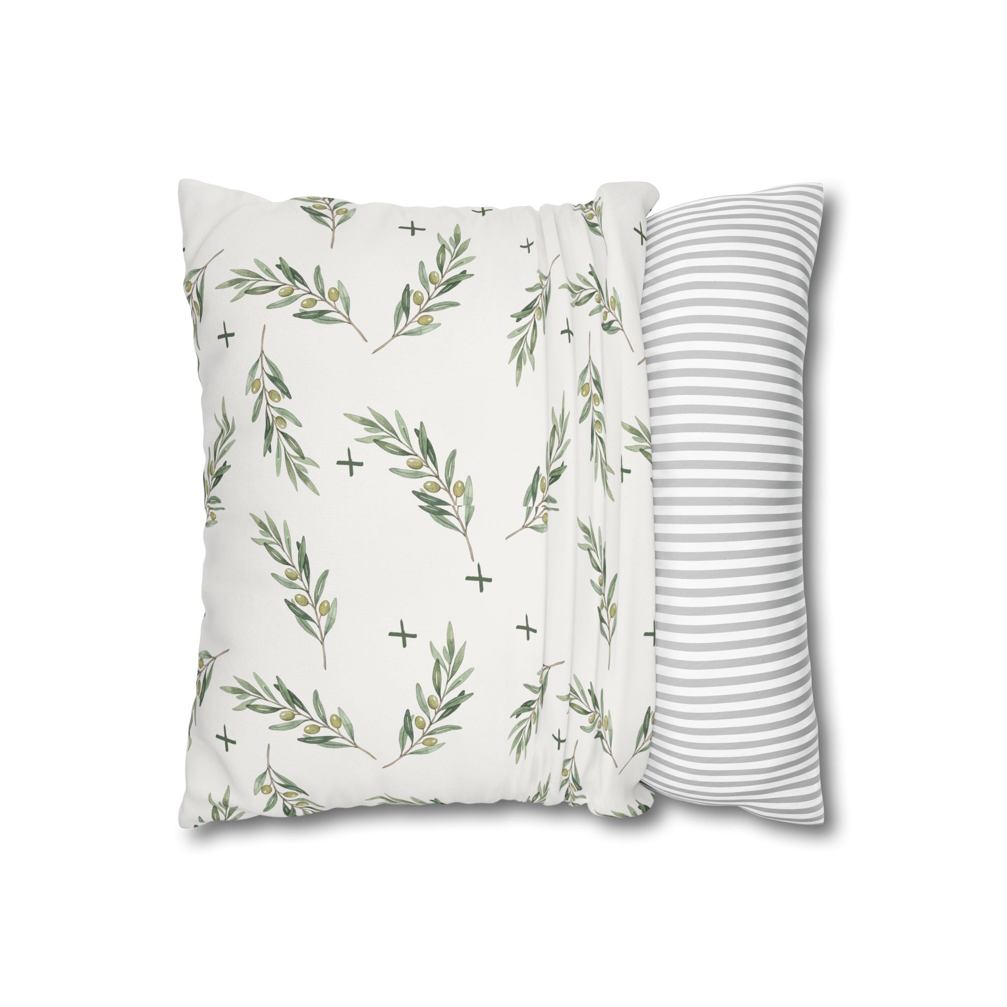 Botanical Olive Branch Square Pillowcase — Neutral Green Leaf Throw Pillow Cover