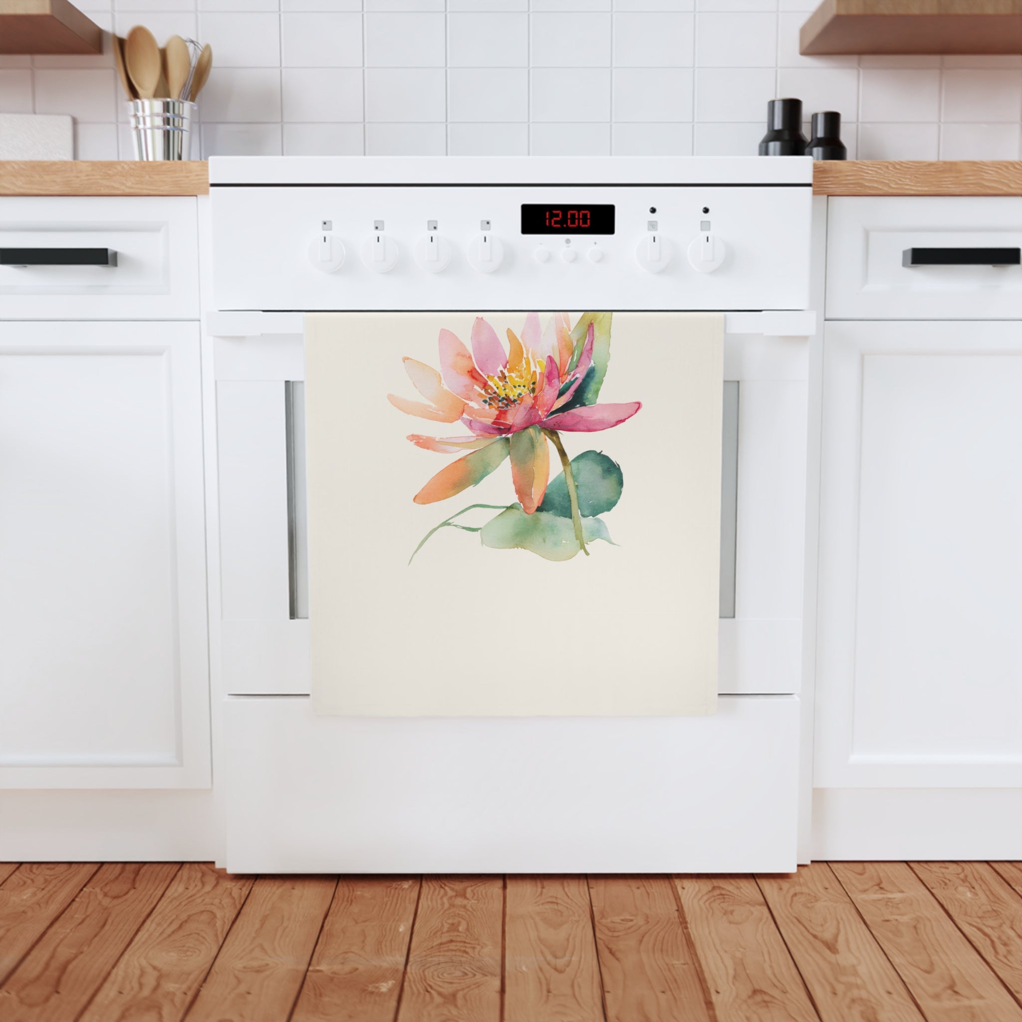Watercolor Lotus Cotton Tea Towel — Floral Kitchen Decor, Botanical Gift
