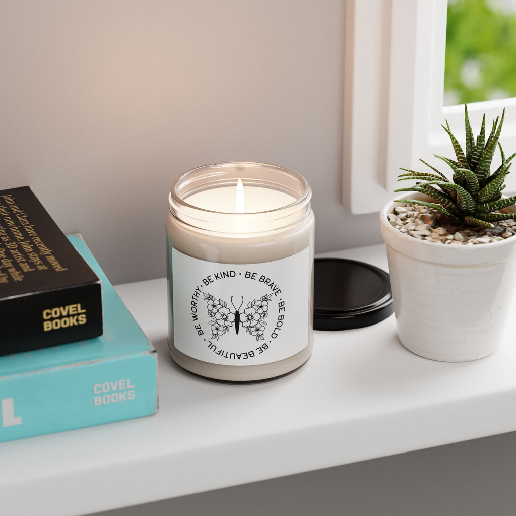 Inspirational Butterfly Soy Candle — 9oz Scented Jar (Be Kind • Be Brave • Be Bold • Be Worthy)