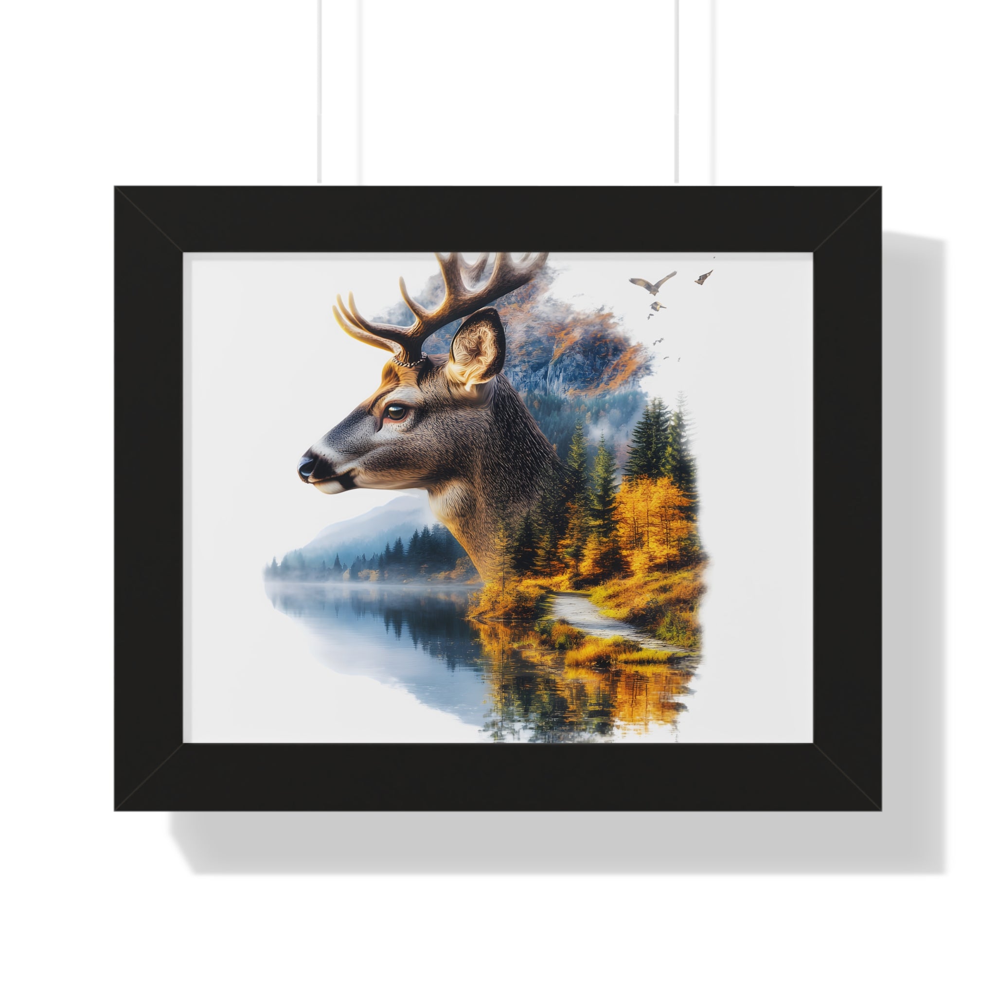 Double Exposure Deer & Forest Framed Poster — Wildlife Wall Art