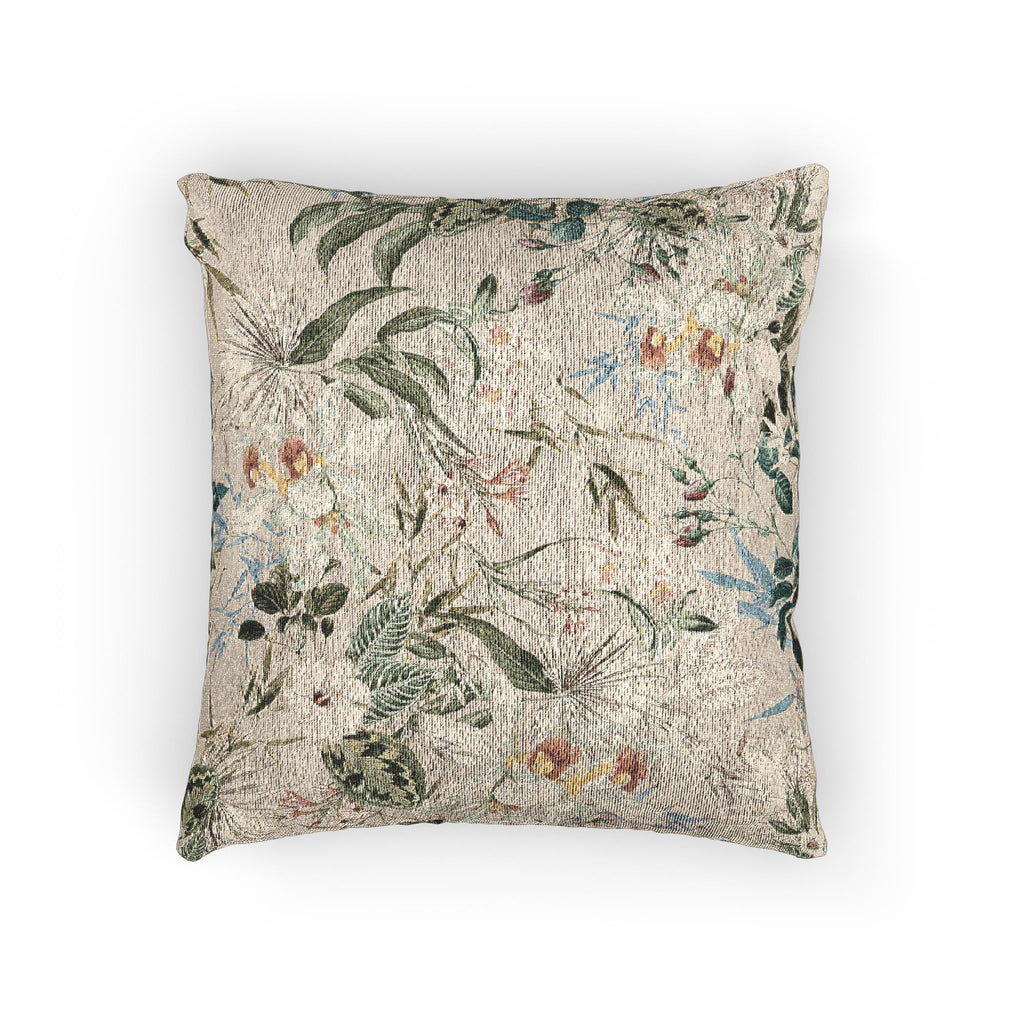 Botanical Woven Pillow — Vintage Floral Green Leaf Motif Decorative Cushion