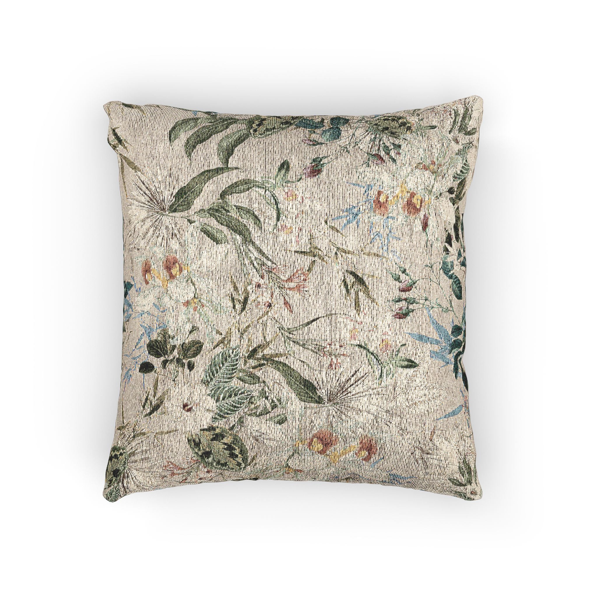Botanical Woven Pillow — Vintage Floral Green Leaf Motif Decorative Cushion