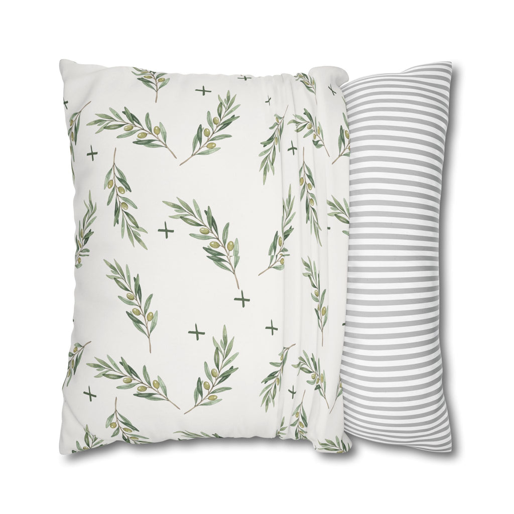 Botanical Olive Branch Square Pillowcase — Neutral Green Leaf Throw Pillow Cover