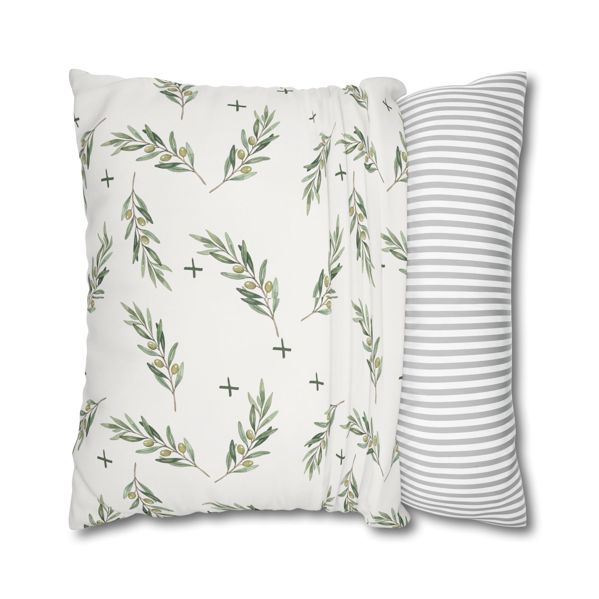 Botanical Olive Branch Square Pillowcase — Neutral Green Leaf Throw Pillow Cover