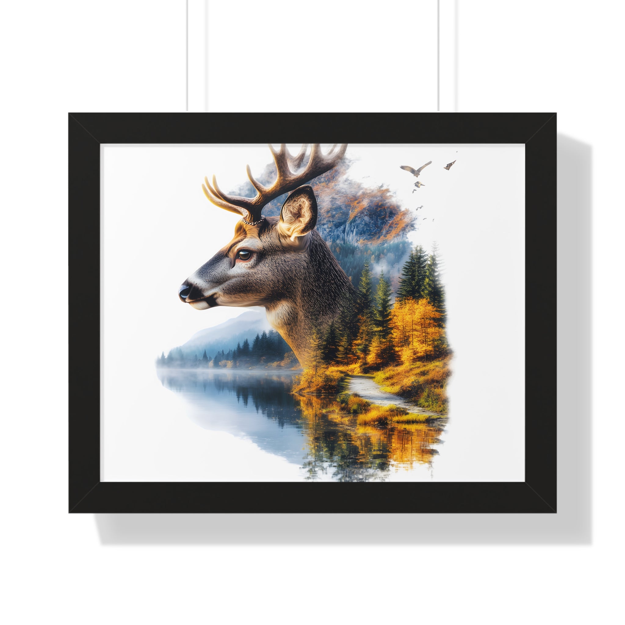 Double Exposure Deer & Forest Framed Poster — Wildlife Wall Art