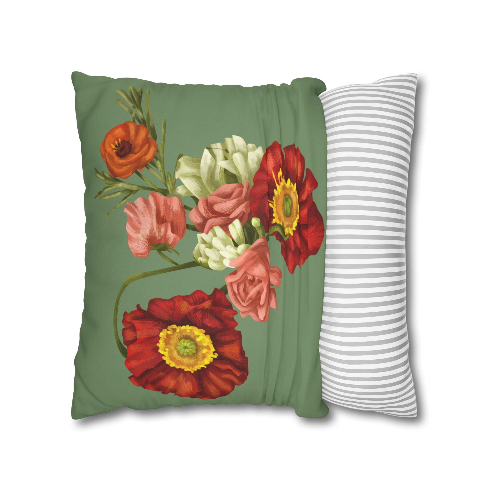 Botanical Poppies Floral Square Pillowcase — Green Floral Canvas Throw Pillow Cover