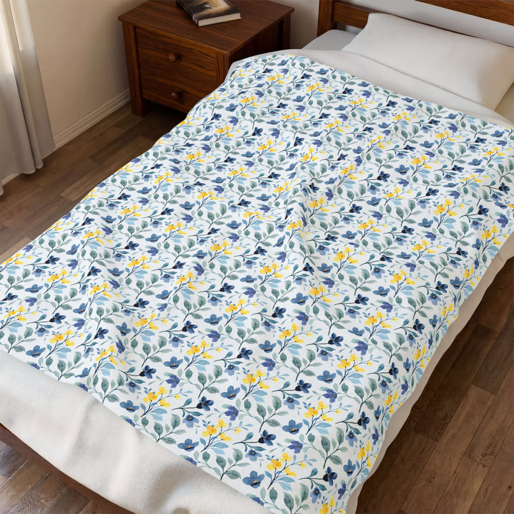 Floral Velveteen Plush Blanket — Blue & Yellow Botanical Throw