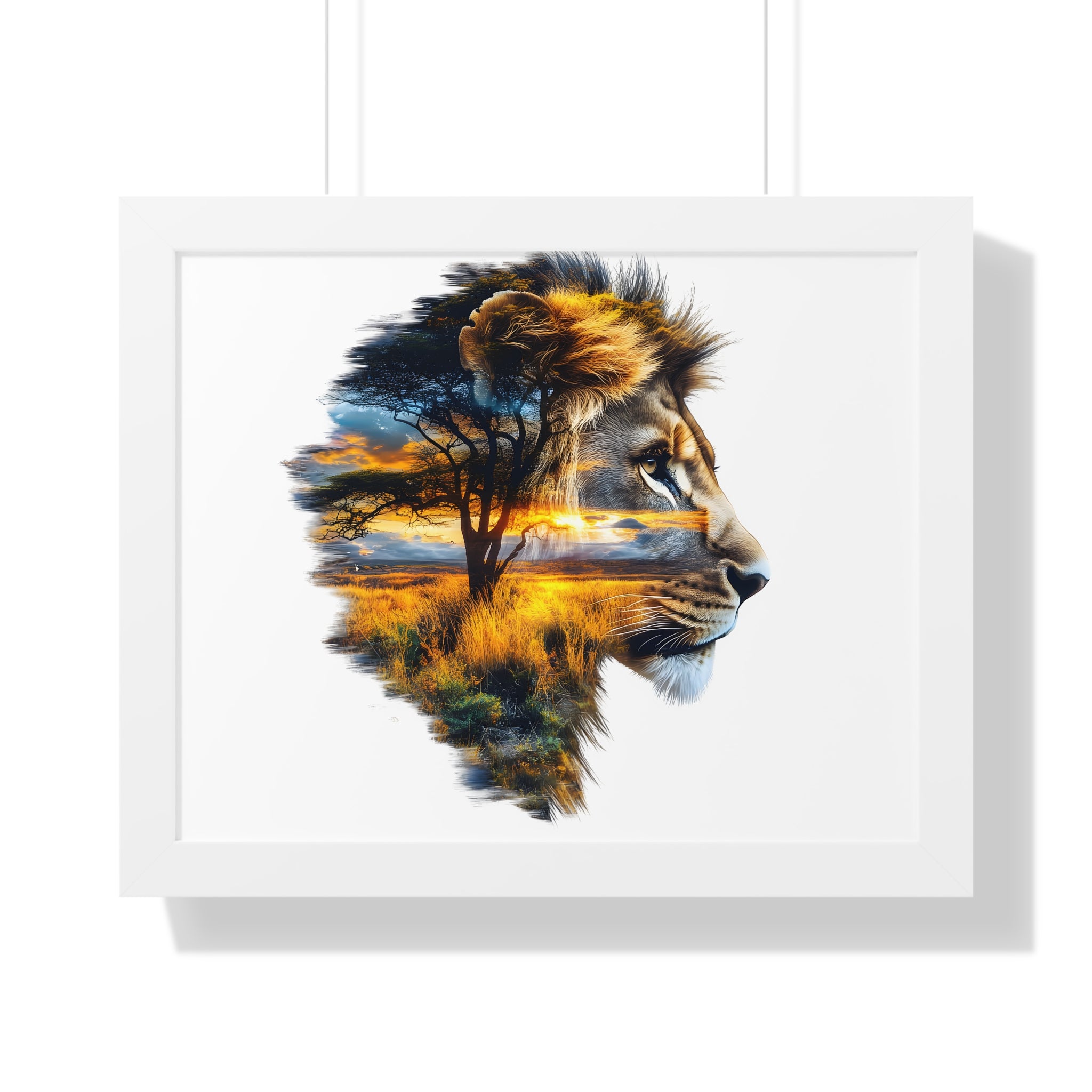 African Lion Double Exposure Framed Poster — Wildlife Art Print