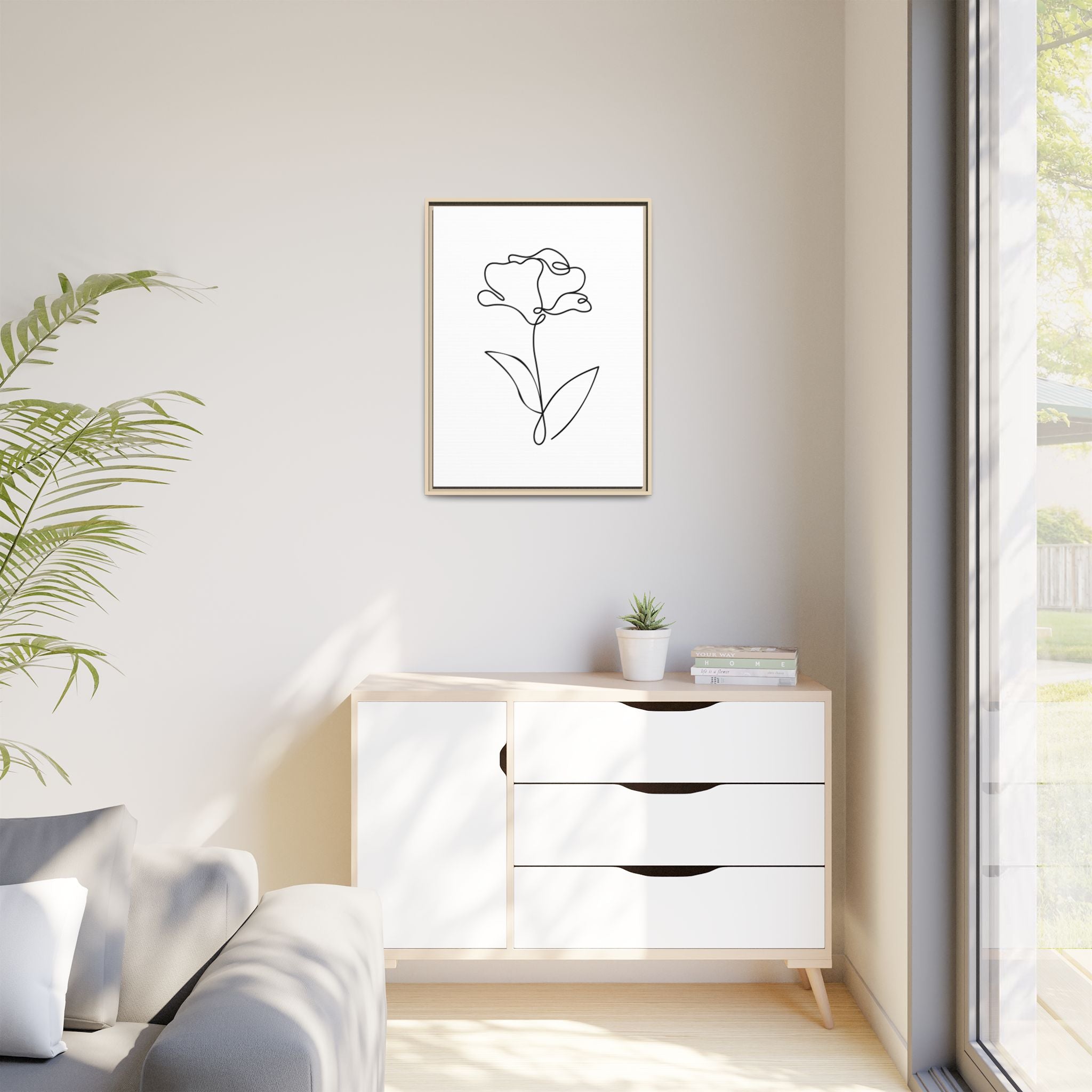 Minimal Line Art Flower Matte Canvas Framed Print