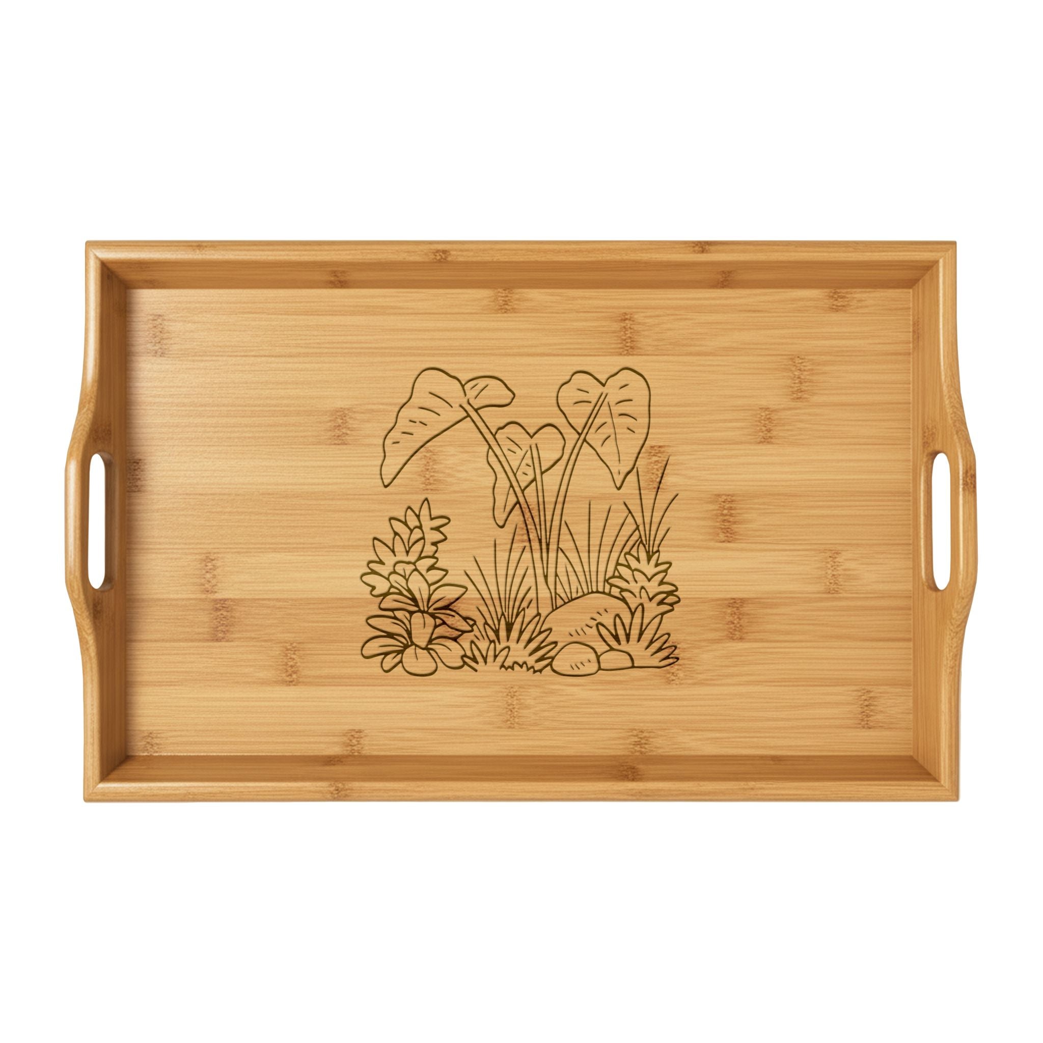 Engraved Bamboo Serving Tray — Heart Leaf Floral Design
