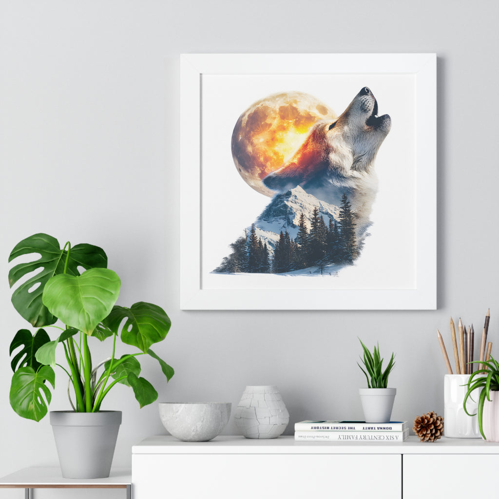 Howling Wolf & Full Moon Framed Poster — Double Exposure Wildlife Print