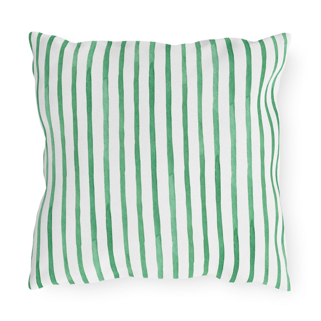 Tropical Palm Print Outdoor Pillow – Green Leaf & Striped Patio Cushion