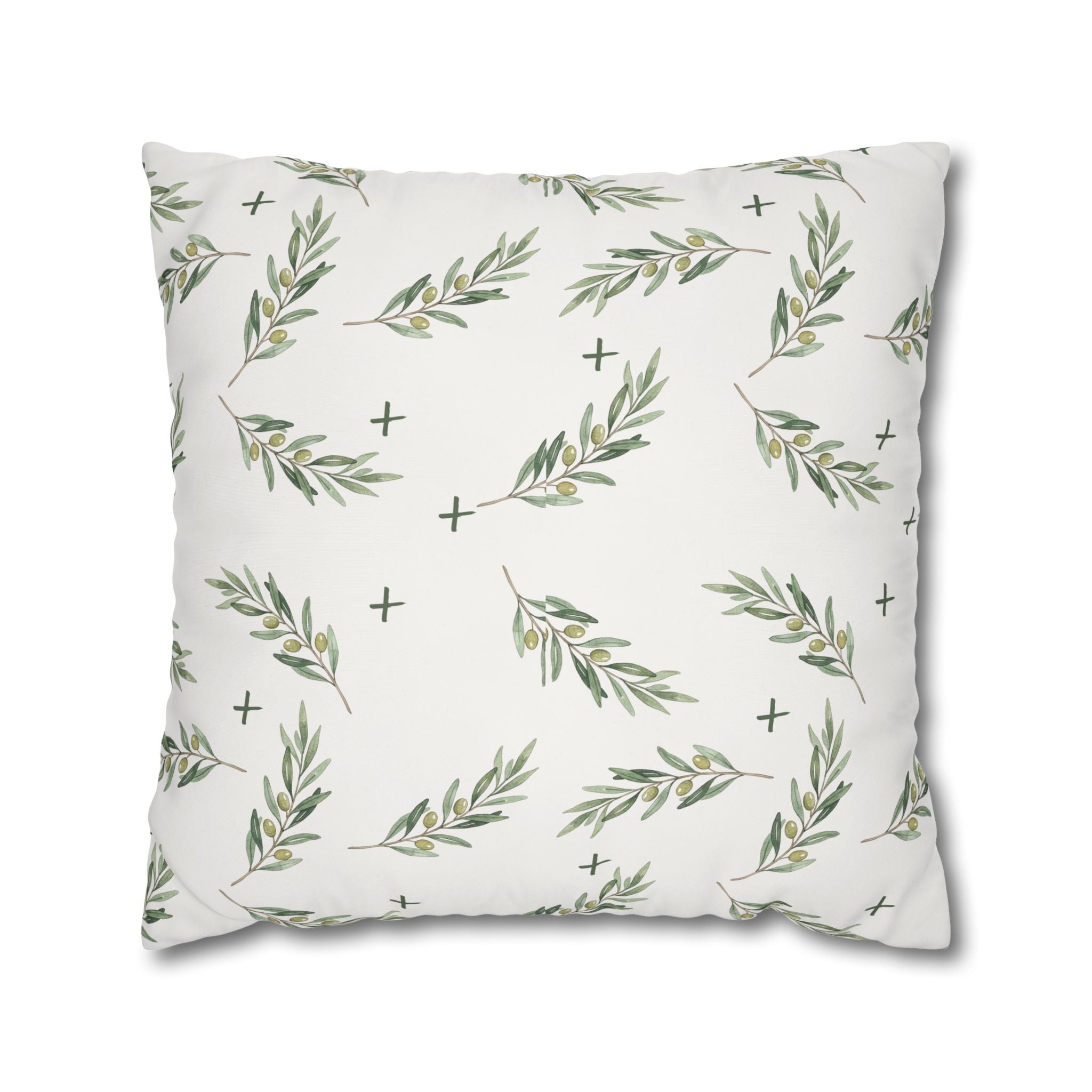 Botanical Olive Branch Square Pillowcase — Neutral Green Leaf Throw Pillow Cover