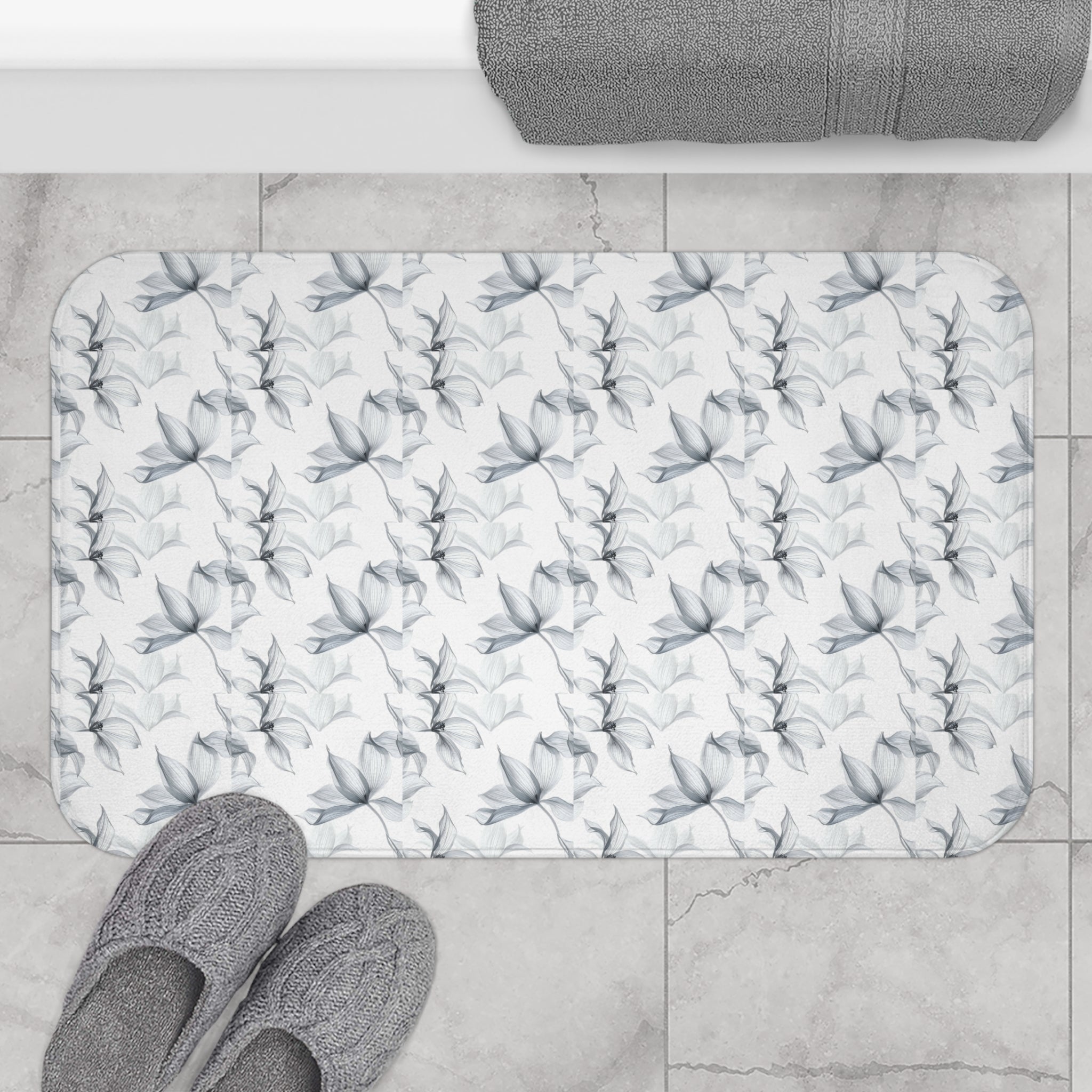 Floral Gray Bath Mat — Soft Watercolor Orchid Pattern for Bathroom Decor