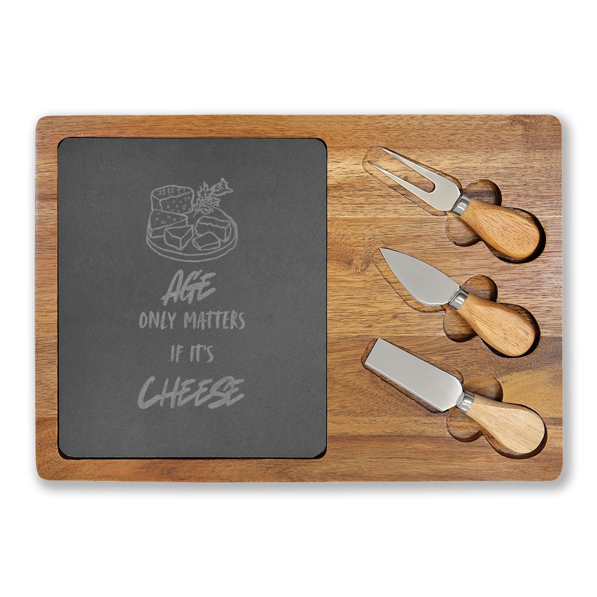 Engraved Acacia Charcuterie Board with Slate Round — "Age Only Matters If It’s Cheese"