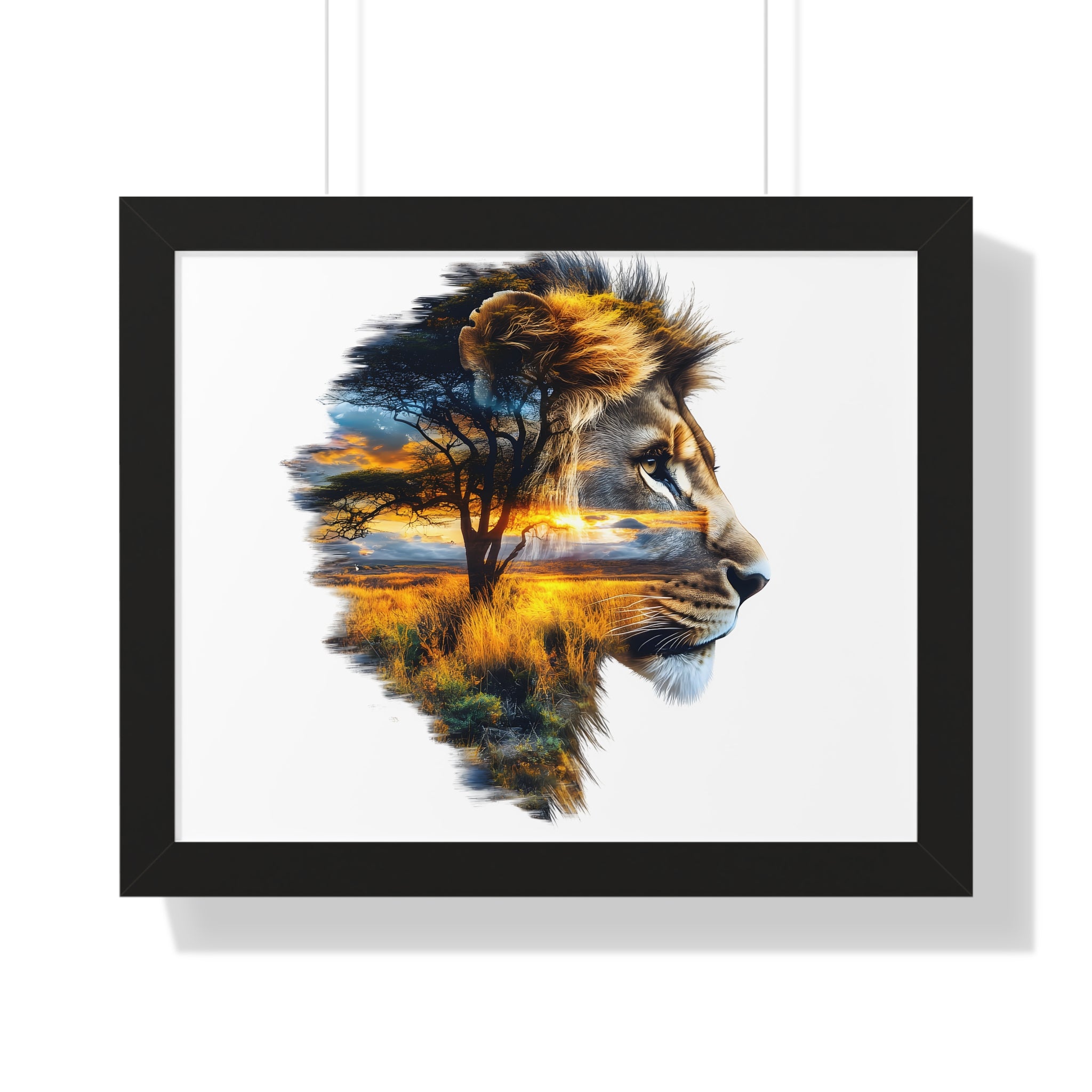 African Lion Double Exposure Framed Poster — Wildlife Art Print
