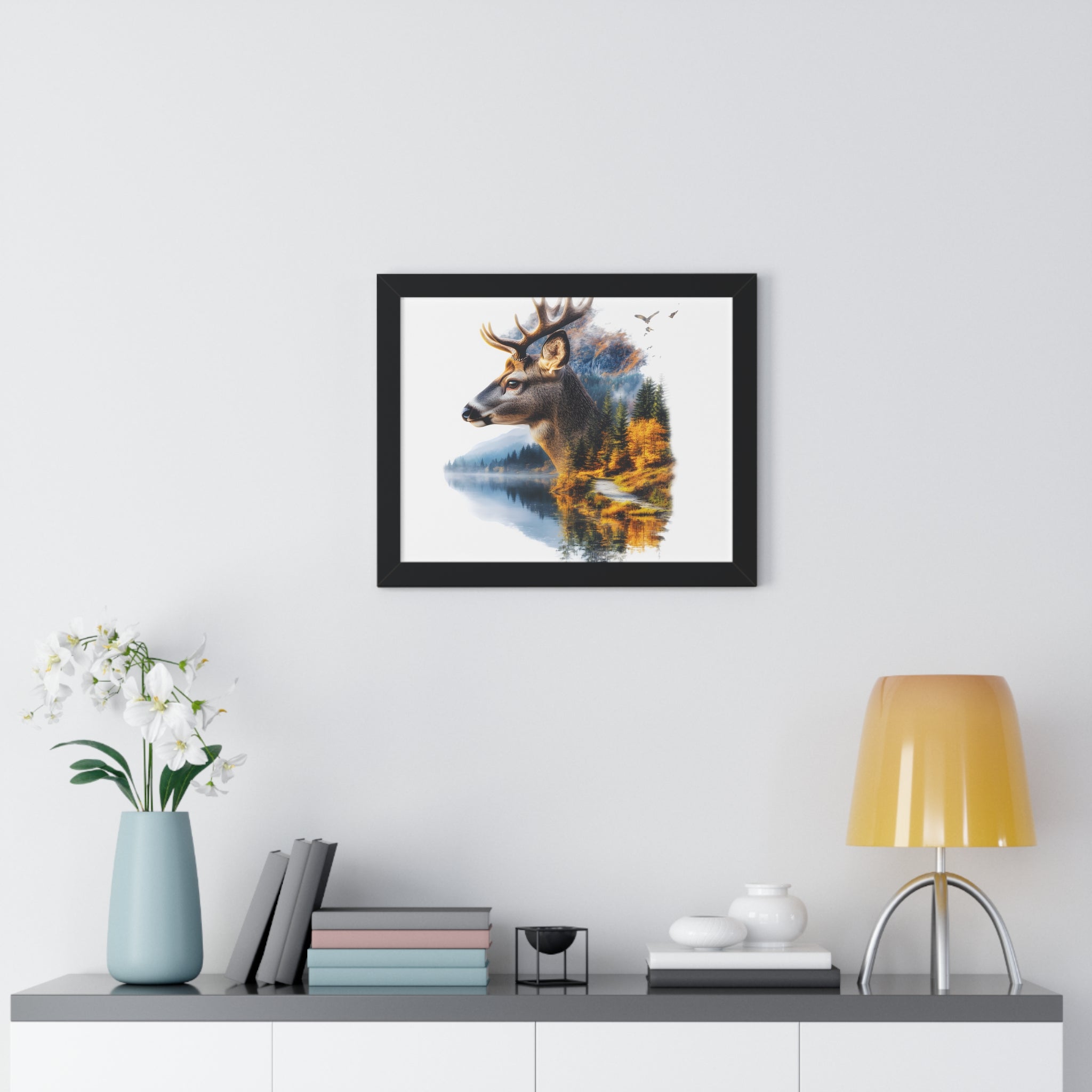 Double Exposure Deer & Forest Framed Poster — Wildlife Wall Art