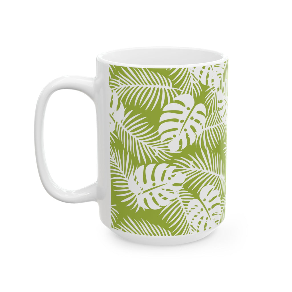 Tropical Leaf Ceramic Mug — Green Monstera & Palm Pattern (11oz, 15oz)