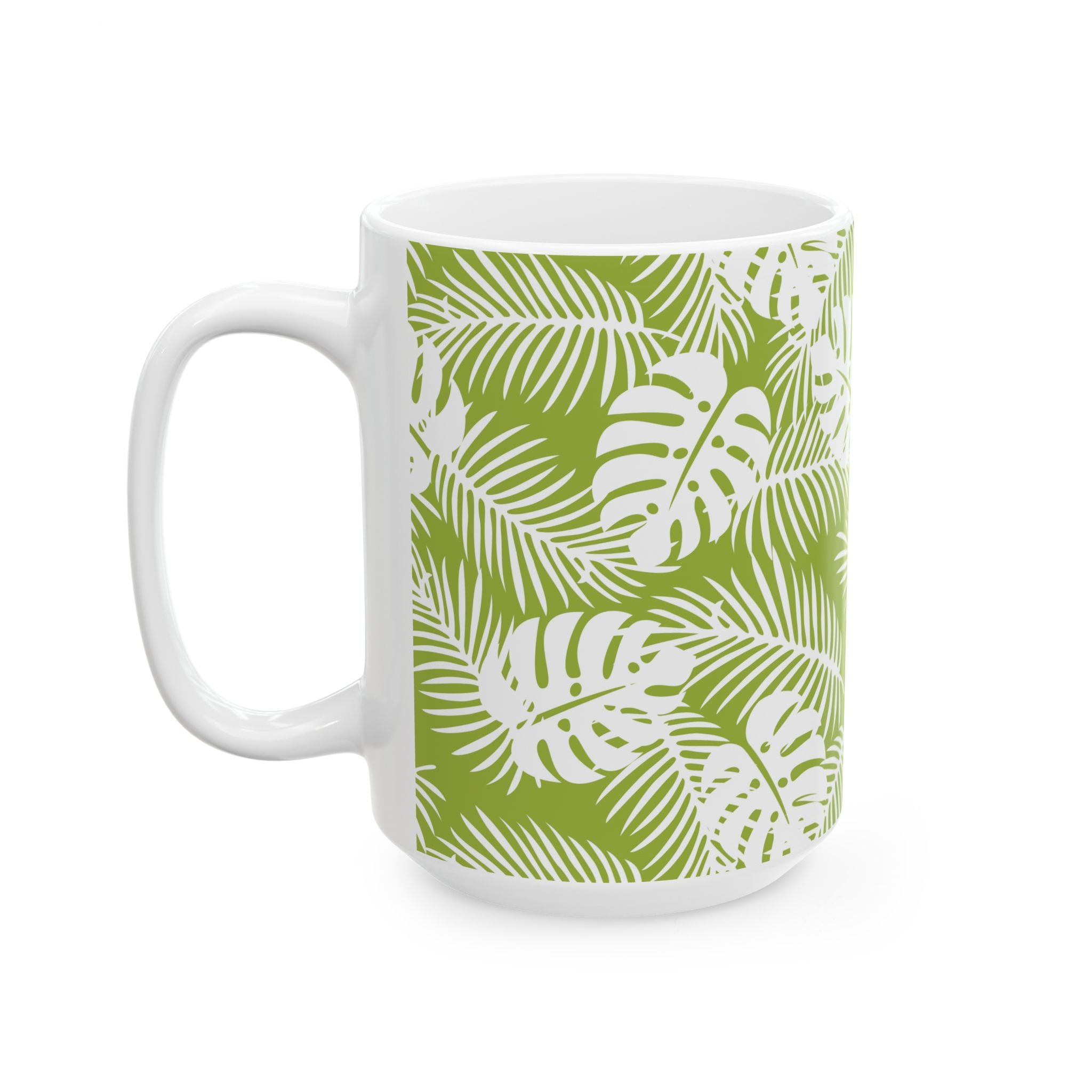 Tropical Leaf Ceramic Mug — Green Monstera & Palm Pattern (11oz, 15oz)