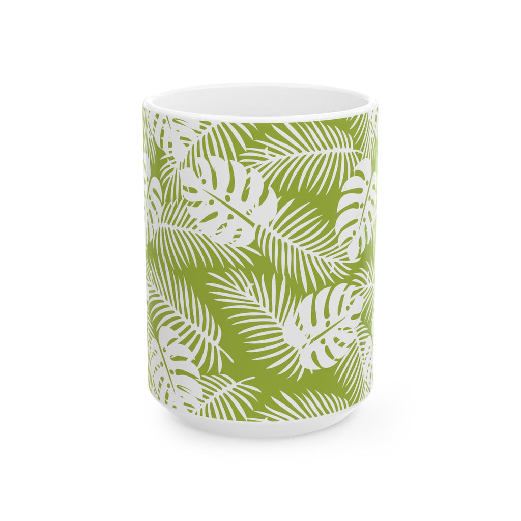 Tropical Leaf Ceramic Mug — Green Monstera & Palm Pattern (11oz, 15oz)