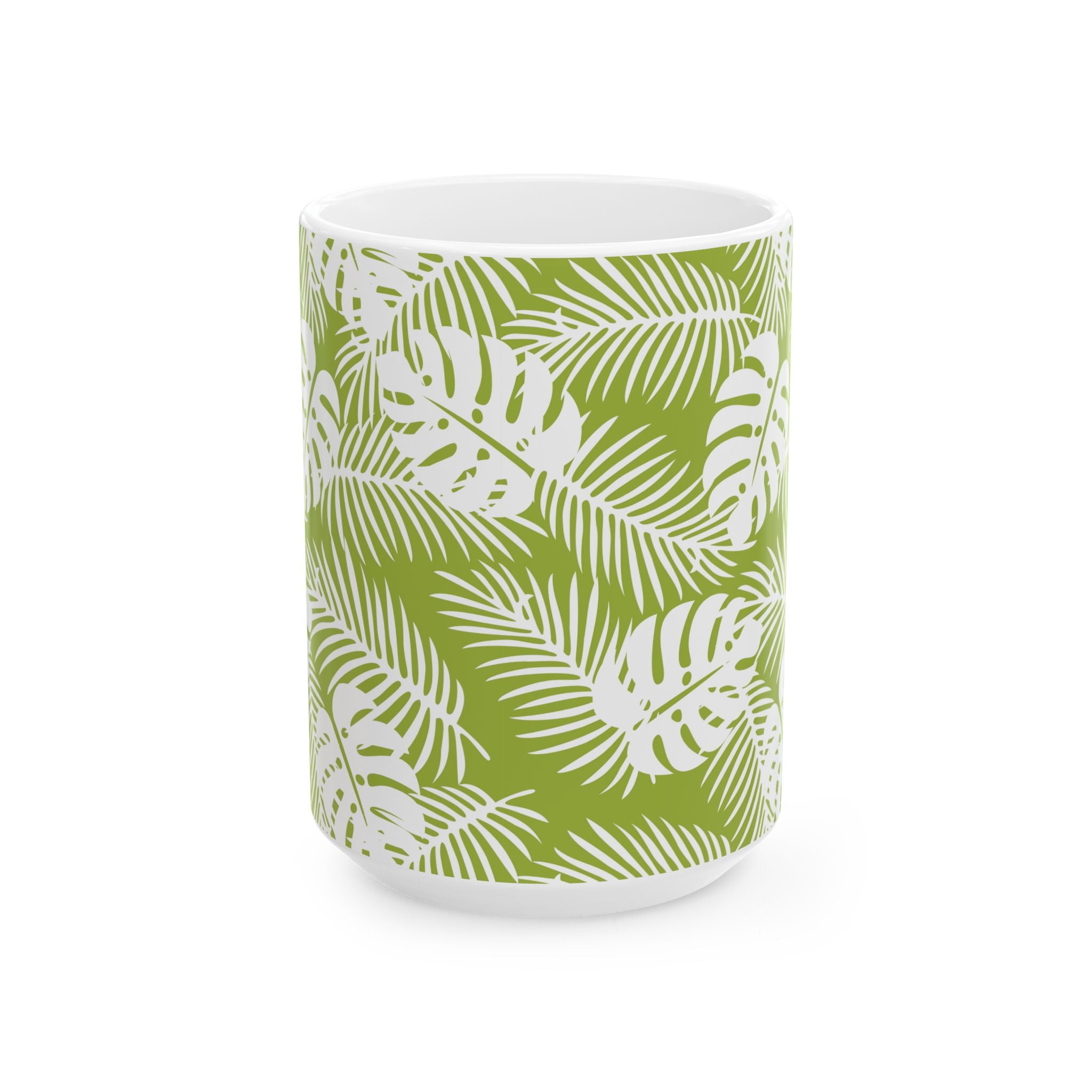 Tropical Leaf Ceramic Mug — Green Monstera & Palm Pattern (11oz, 15oz)