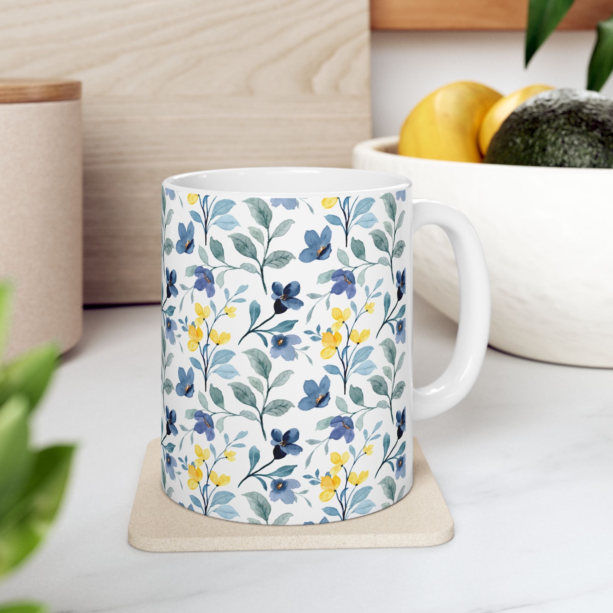 Blue & Yellow Floral Ceramic Mug — 11oz/15oz