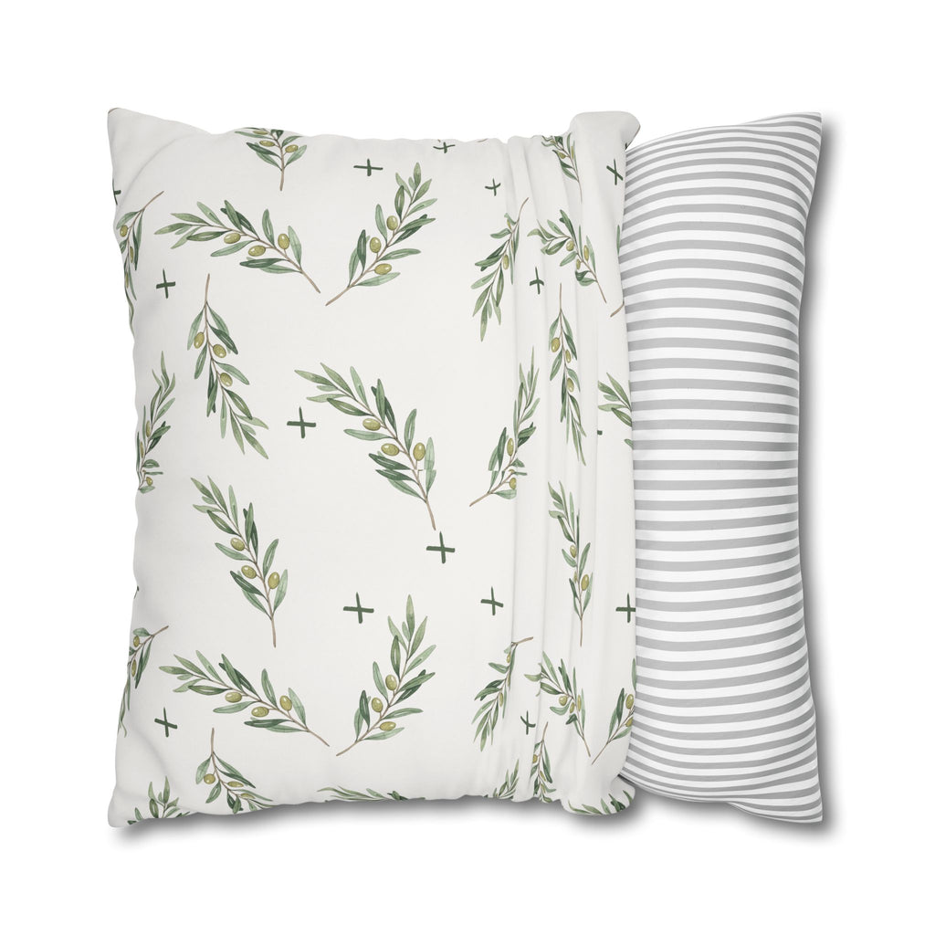 Botanical Olive Branch Square Pillowcase — Neutral Green Leaf Throw Pillow Cover