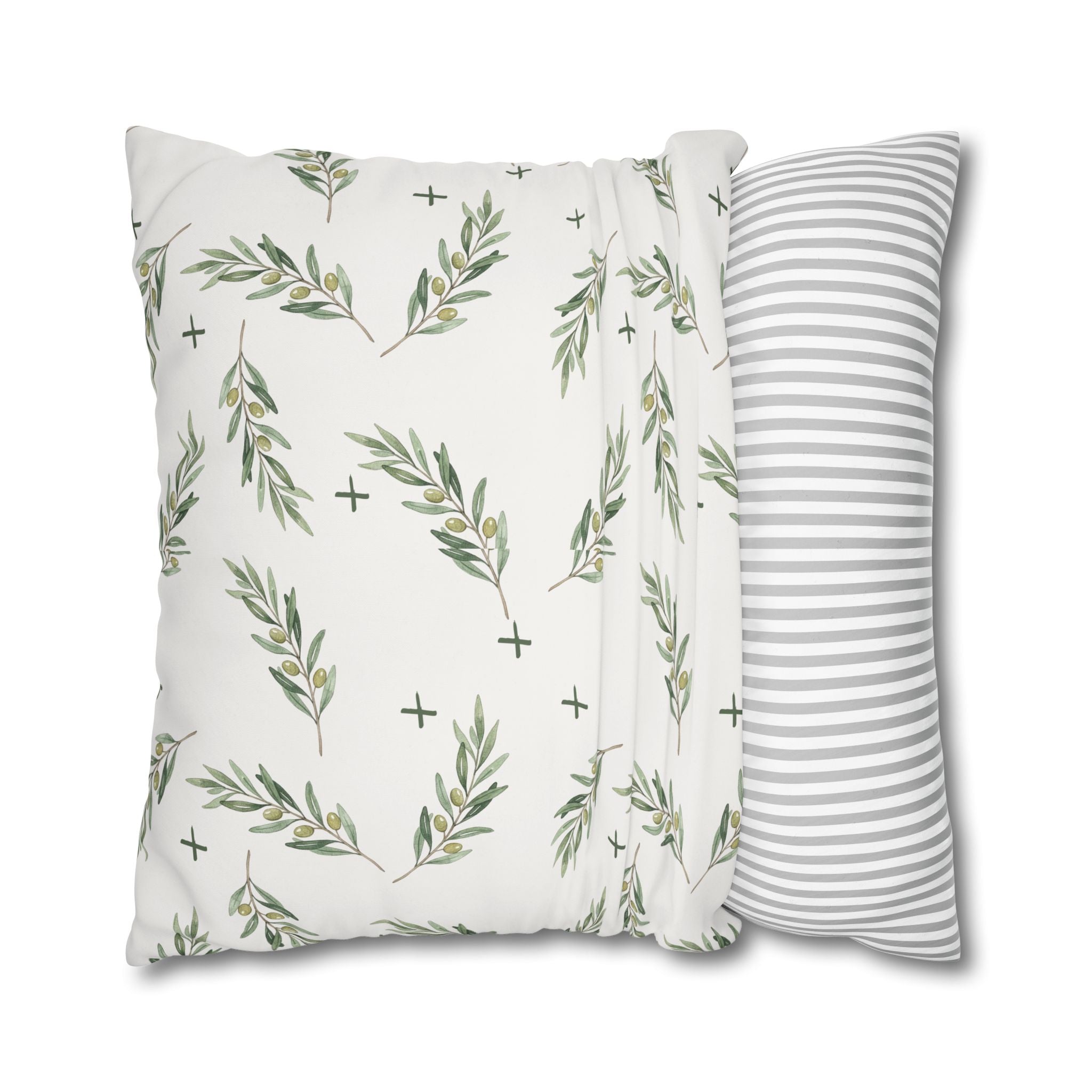 Botanical Olive Branch Square Pillowcase — Neutral Green Leaf Throw Pillow Cover