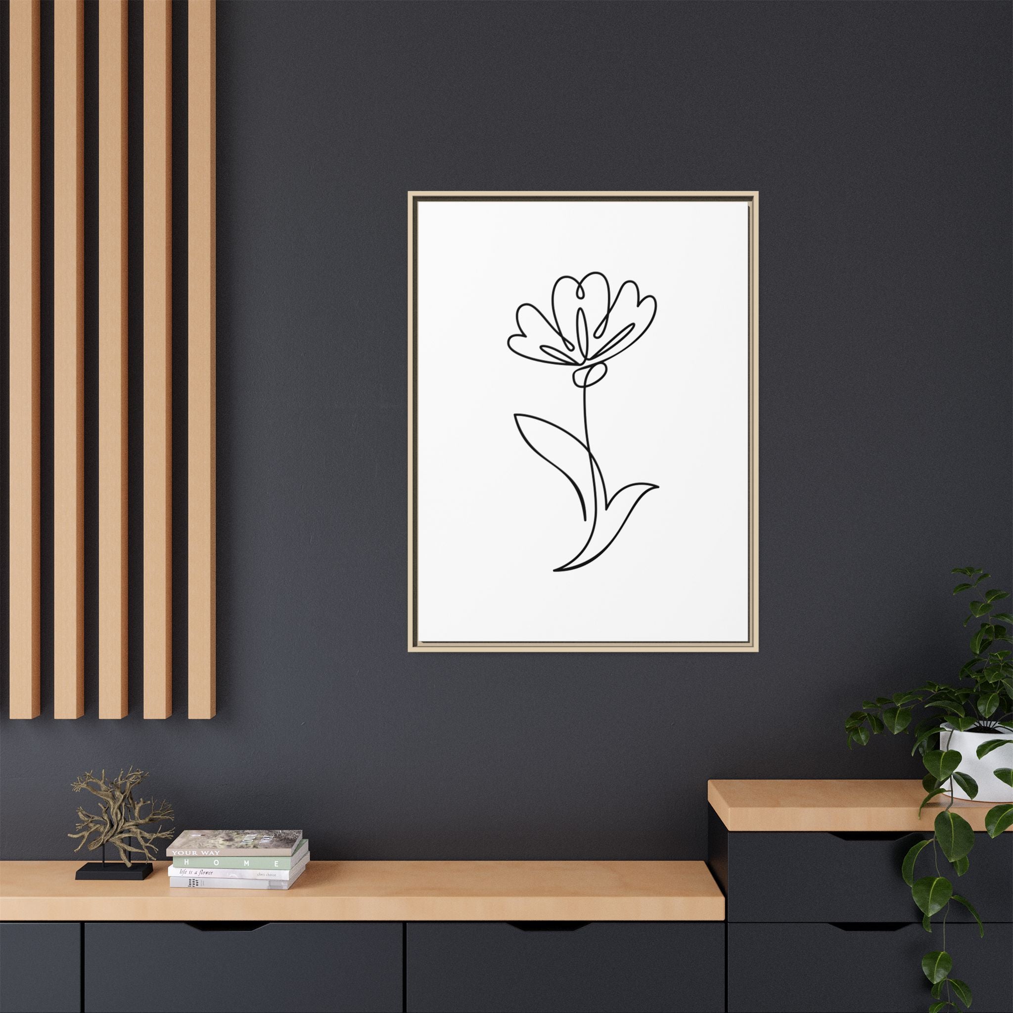 Minimal Floral Line Art Framed Canvas — Matte Multi-Color