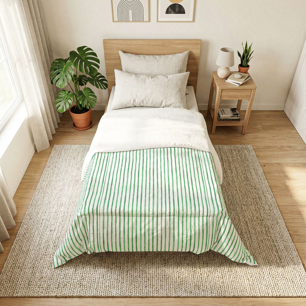 Mint Green Striped Cotton Comforter — Lightweight Quilted Bedspread
