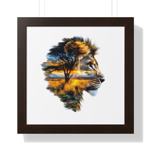 African Lion Double Exposure Framed Poster — Wildlife Art Print