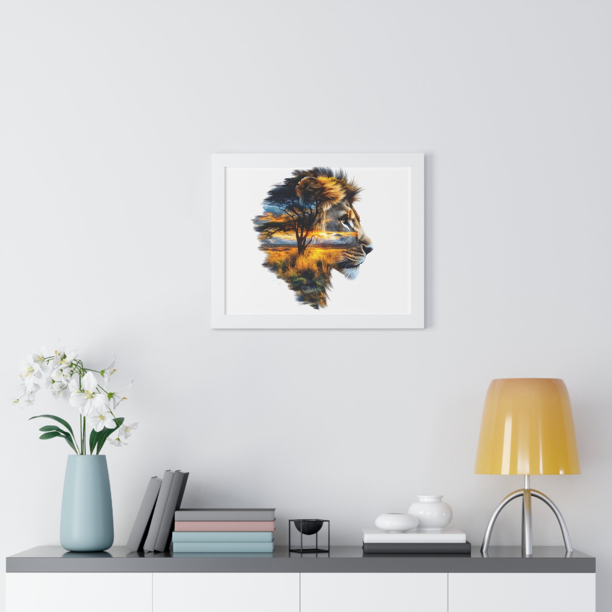 African Lion Double Exposure Framed Poster — Wildlife Art Print