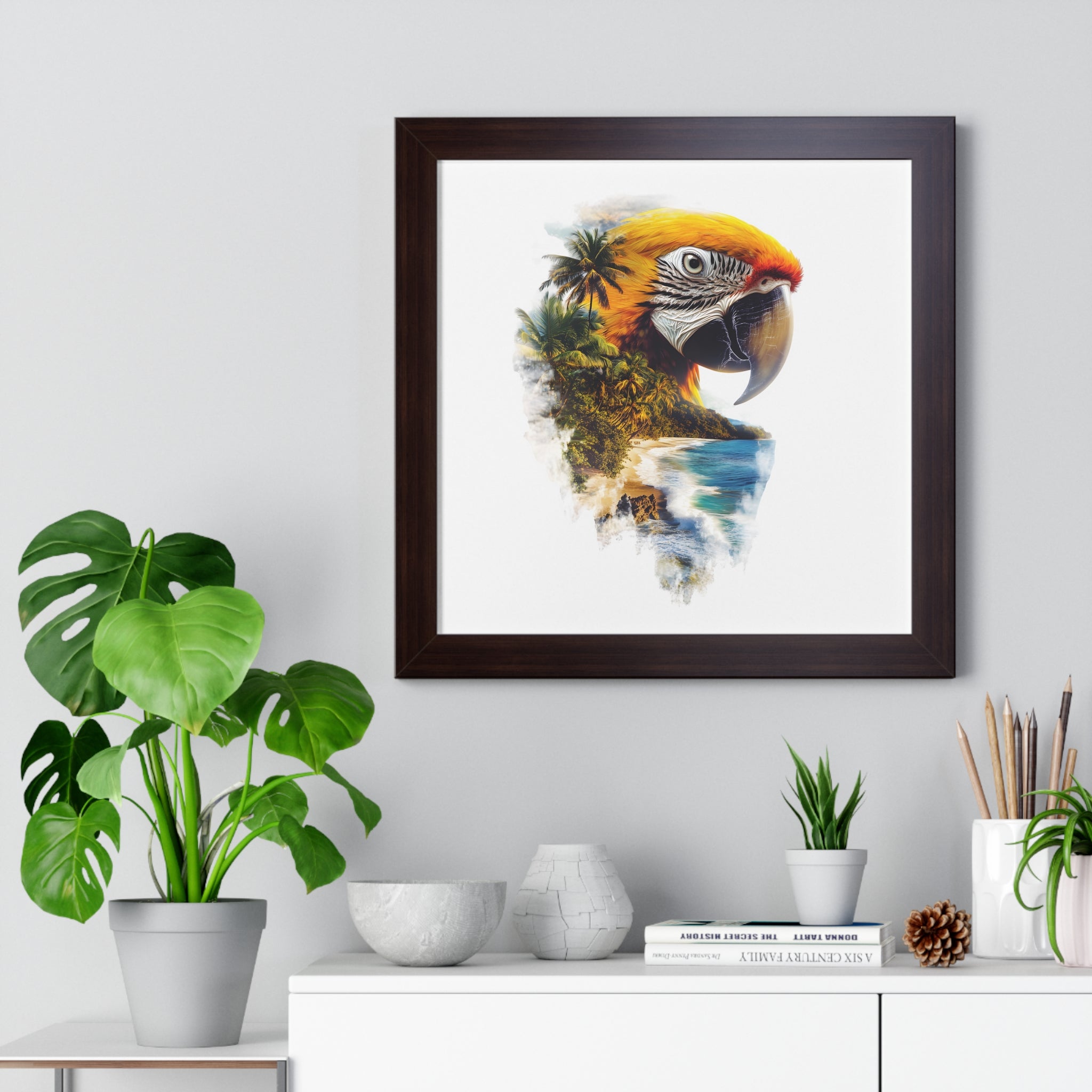 Framed Poster — Double Exposure Parrot & Tropical Island Print