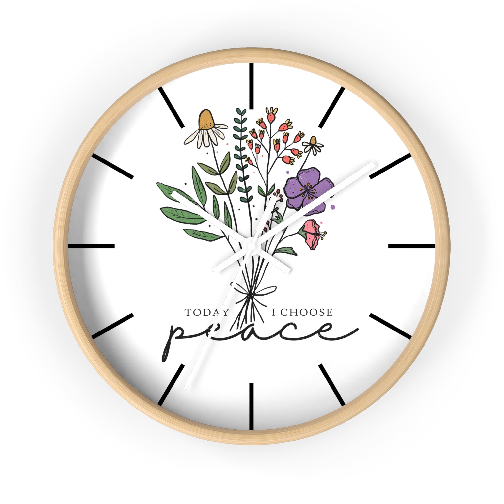 Floral "Today I Choose Peace" Wooden Wall Clock