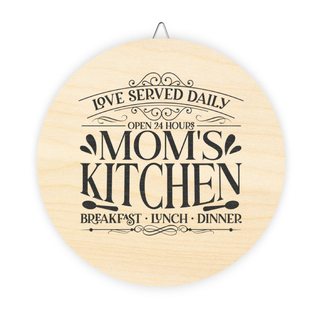Mom's Kitchen Wood Sign – "Love Served Daily" Rustic Round Wall Decor