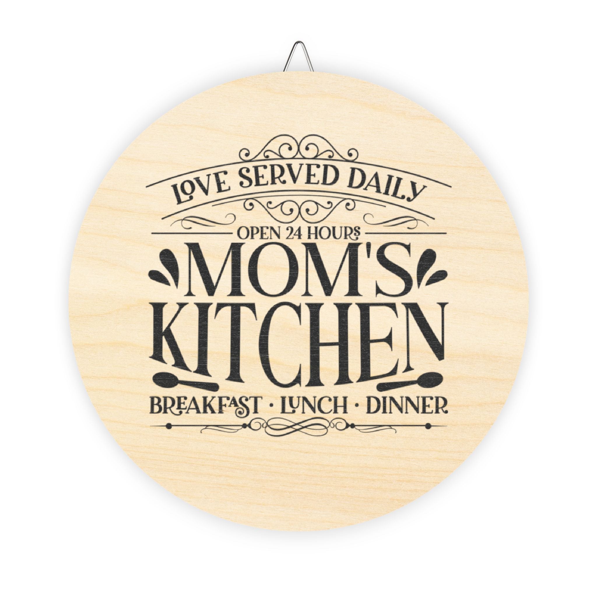 Mom's Kitchen Wood Sign – "Love Served Daily" Rustic Round Wall Decor
