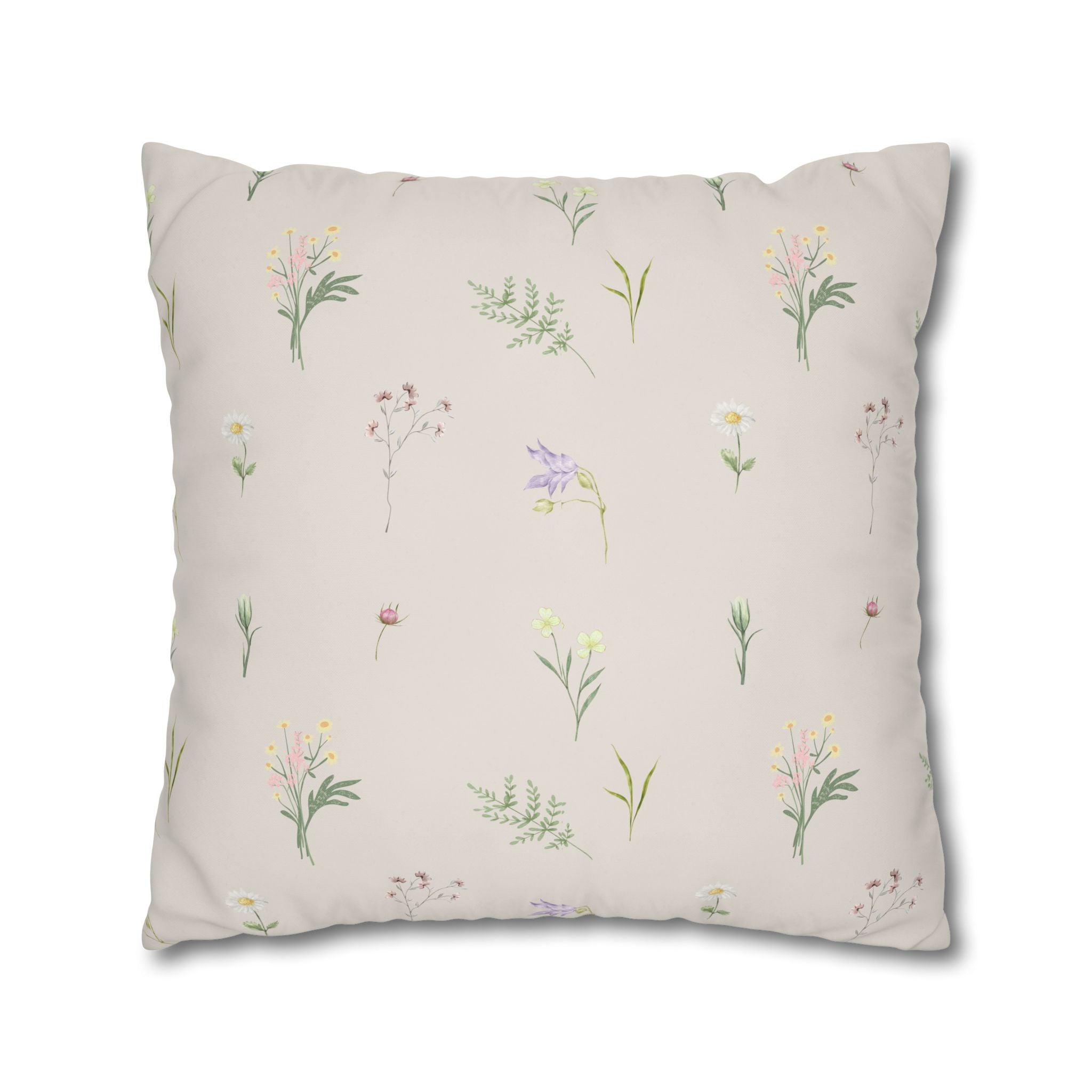 Cottage Wildflowers Square Poly Canvas Pillowcase — Floral Country Throw Pillow