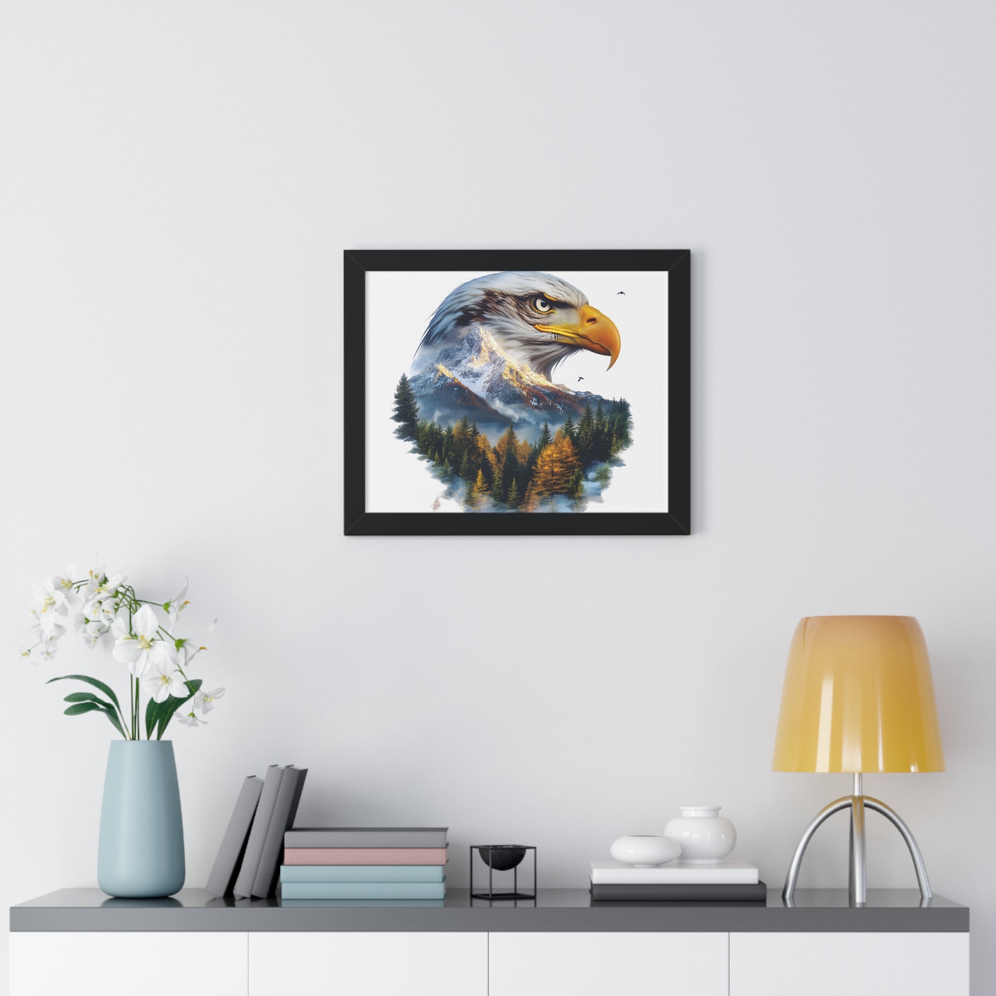 Bald Eagle Double Exposure Woodland Framed Poster Wall Art