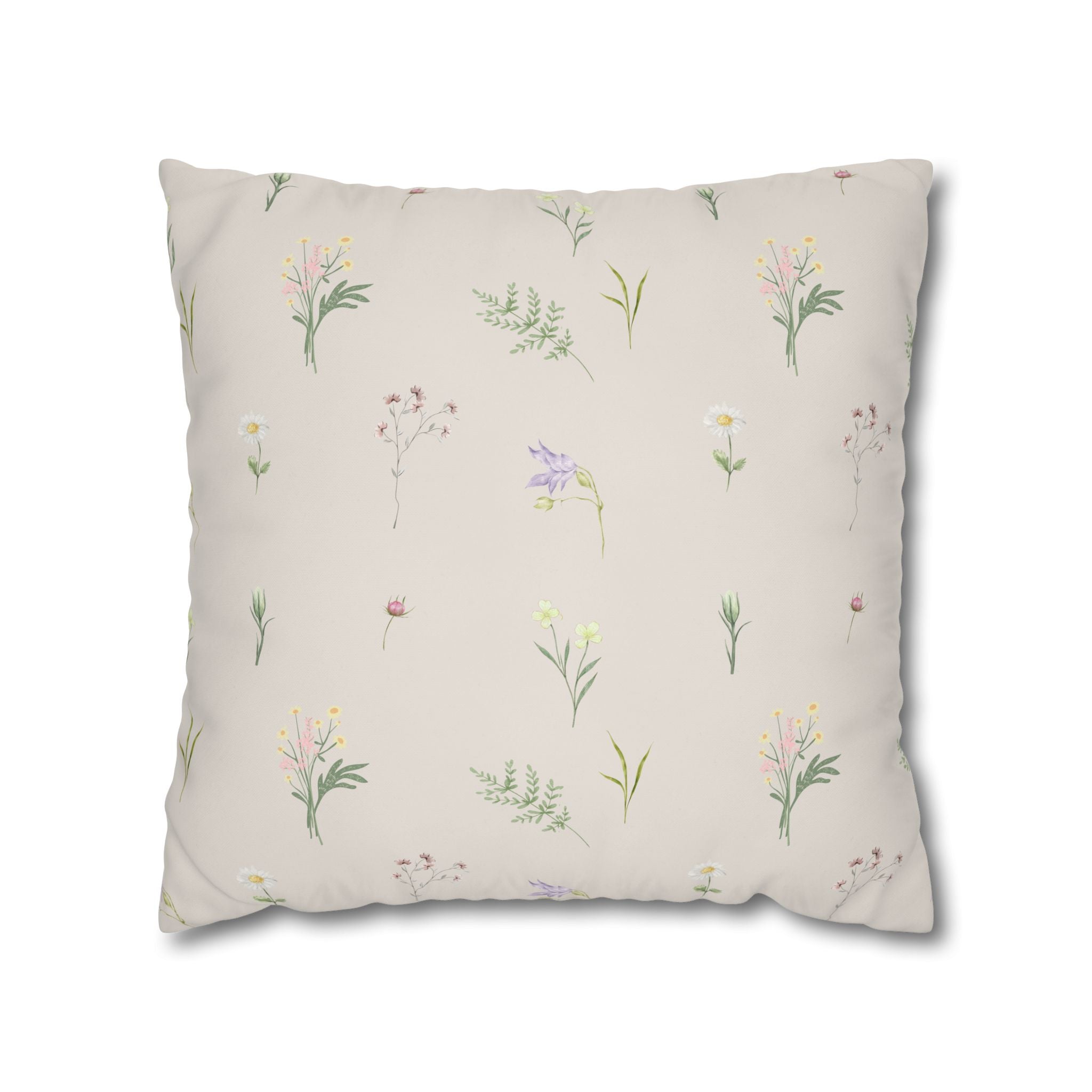 Cottage Wildflowers Square Poly Canvas Pillowcase — Floral Country Throw Pillow