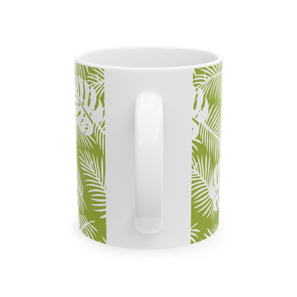 Tropical Leaf Ceramic Mug — Green Monstera & Palm Pattern (11oz, 15oz)