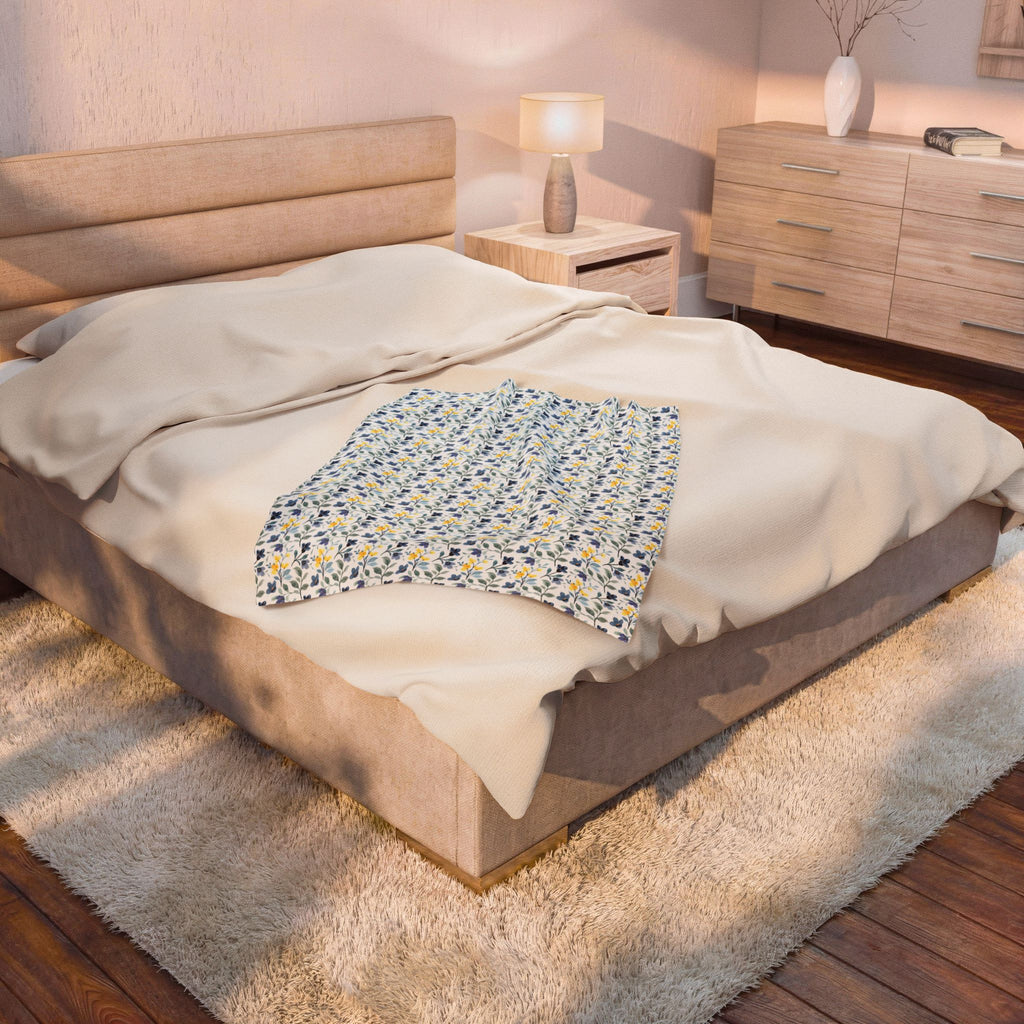 Floral Velveteen Plush Blanket — Blue & Yellow Botanical Throw