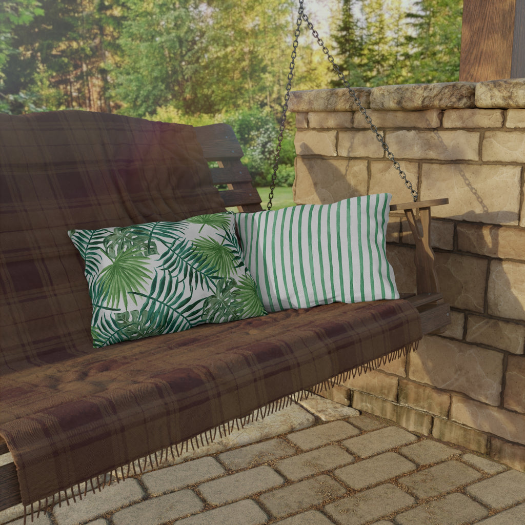 Tropical Palm Print Outdoor Pillow – Green Leaf & Striped Patio Cushion