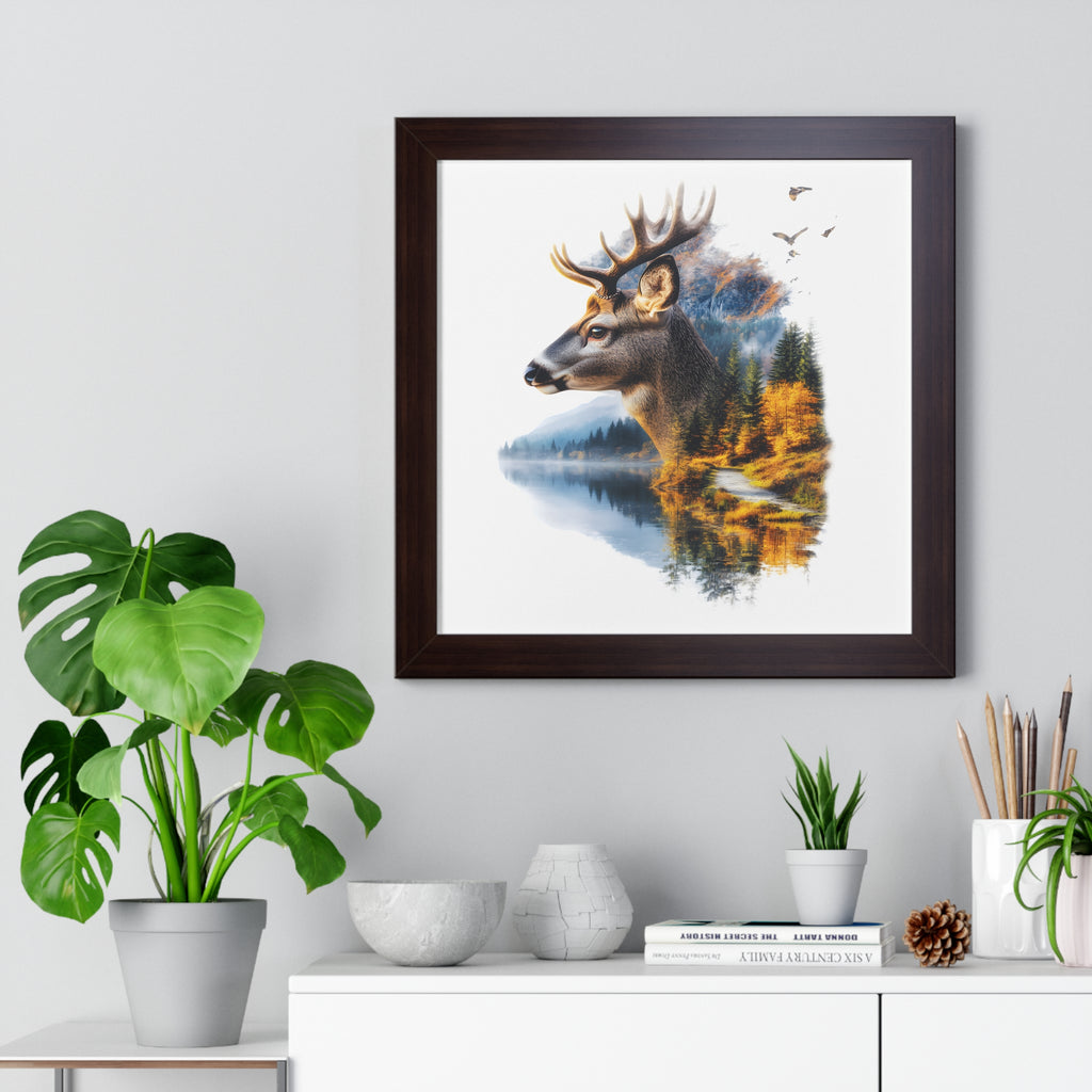 Double Exposure Deer & Forest Framed Poster — Wildlife Wall Art