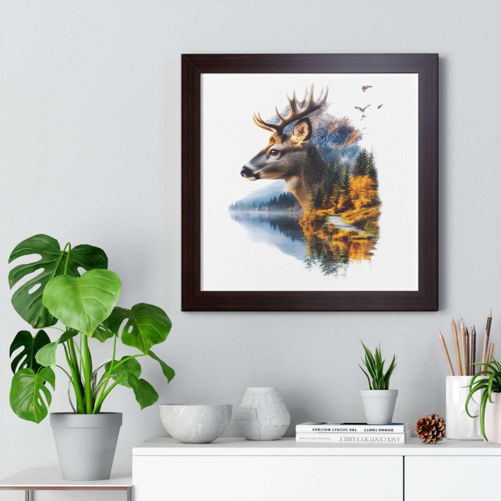 Double Exposure Deer & Forest Framed Poster — Wildlife Wall Art